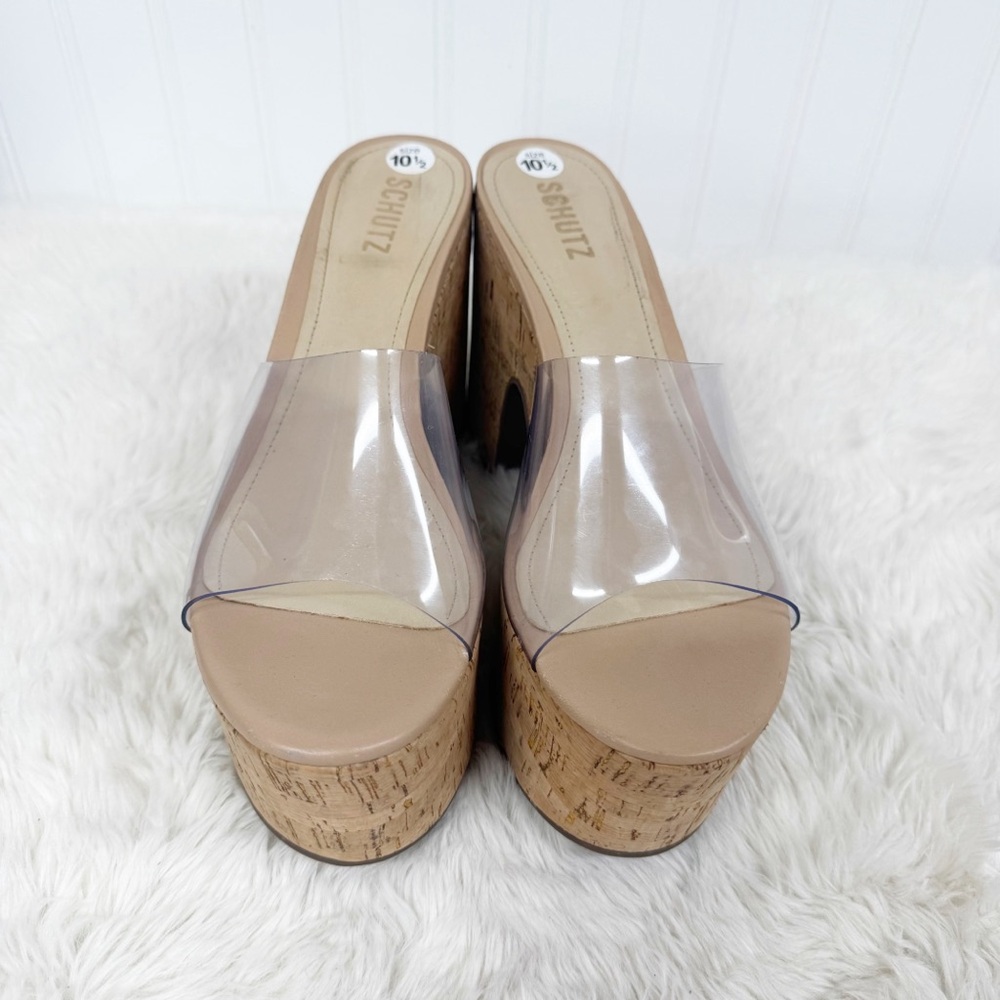 SCHUTZ Dalle Clear Cork Platform Sandal Size 10.5 Chunky Heel Peep Toe Y2K - Picture 2 of 11